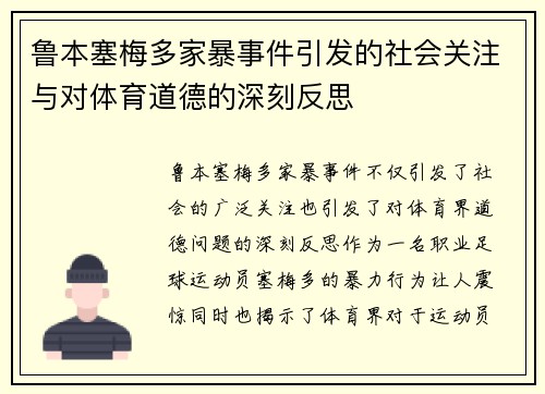 鲁本塞梅多家暴事件引发的社会关注与对体育道德的深刻反思