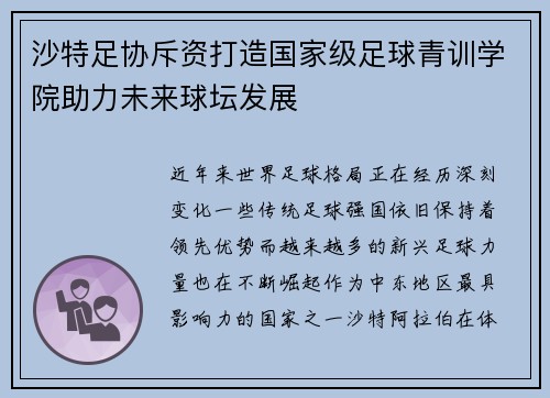 沙特足协斥资打造国家级足球青训学院助力未来球坛发展